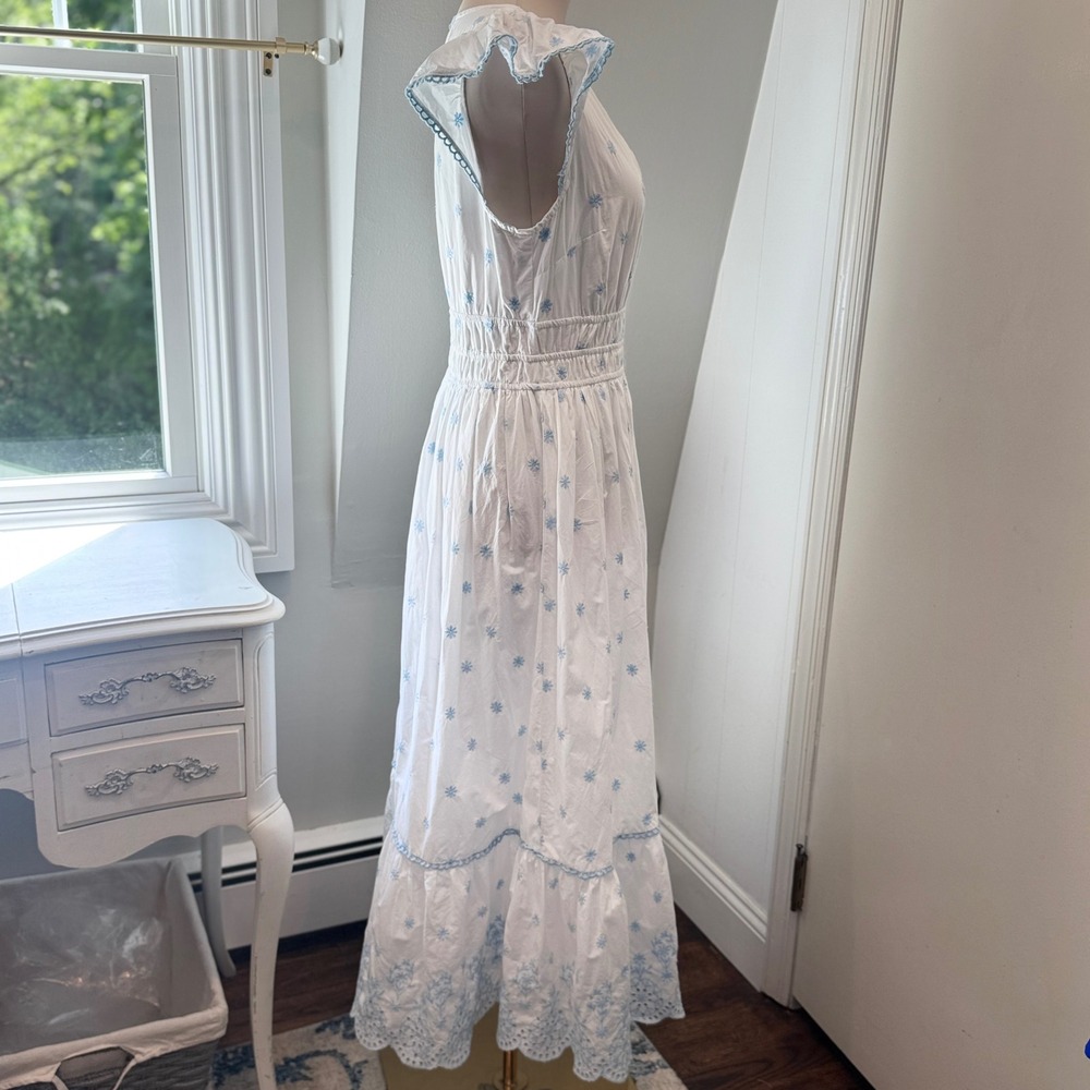 Rachel Zoe Blue/White Cotton Maxi Dress Eyelet Flutter Sleeve Romantic | Size 8 - Picture 8 of 13